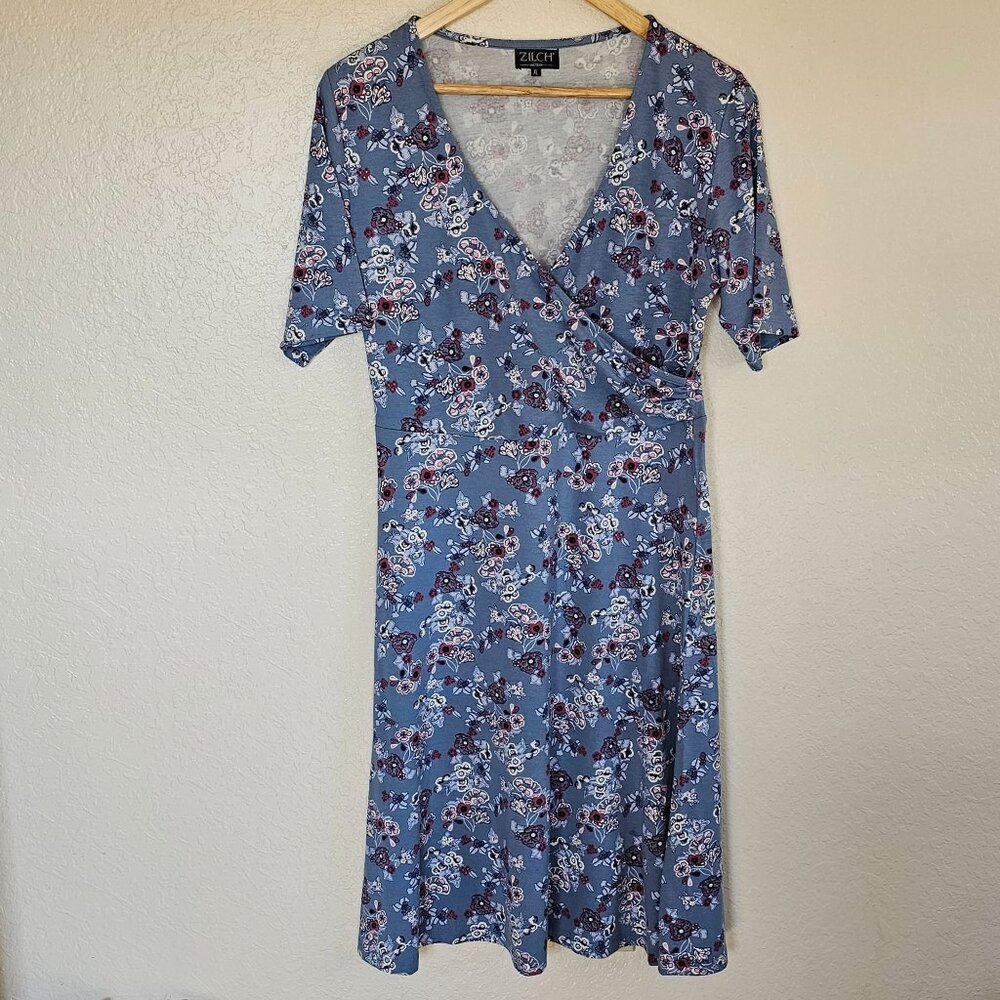 Zilch Women's Wrap Dress XL Blue Ditsy Floral Boho Whimsical